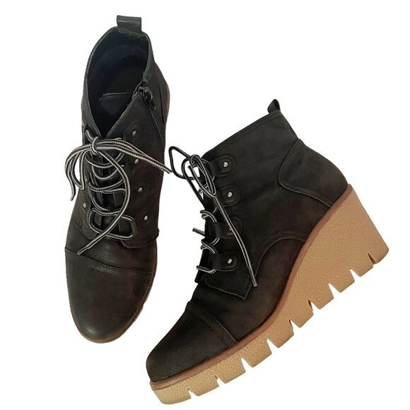 Mia Grant Wedge Black Textile Platform Lug Sole Lace-Up Shoe Women’s Size 10 - Picture 4 of 11